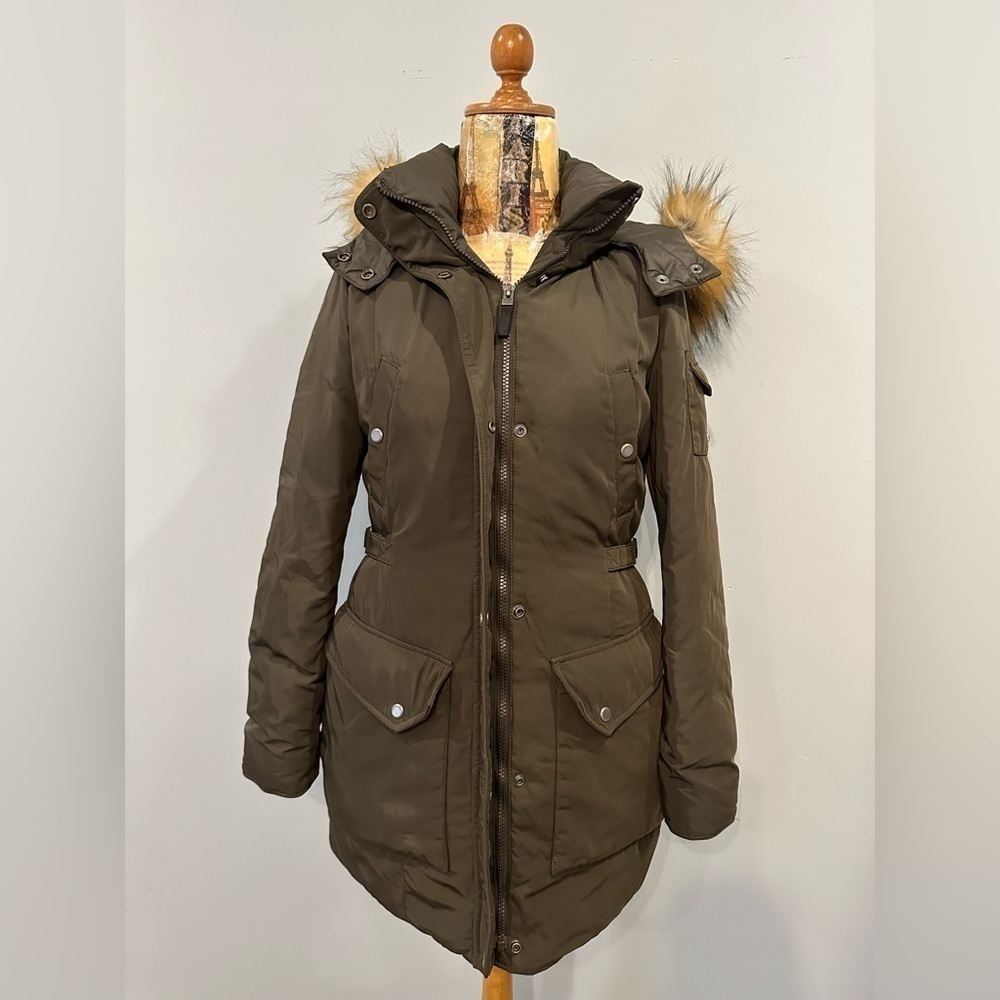 Andrew Marc New York Full Zip Faux Fur Down Feather Hooded Olive Puffer Coat - Picture 5 of 9